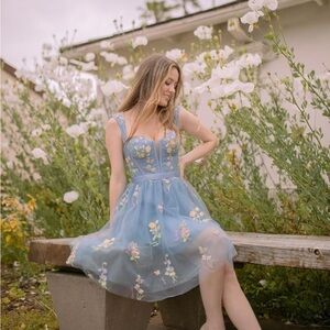 Floral Embroidered Blue Dress
